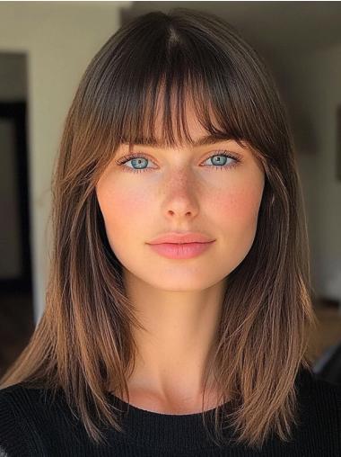 Medium Wigs Brown With Bangs 14" Straight Remy Human Hair Wigs