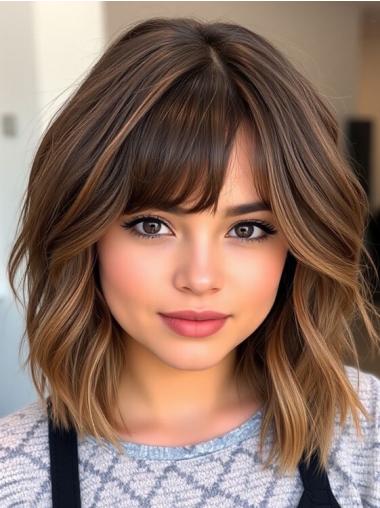 Medium Length Wavy Hair Wigs 14" With Bangs Remy Human Hair Monofilament Ombre/2 Tone Wigs