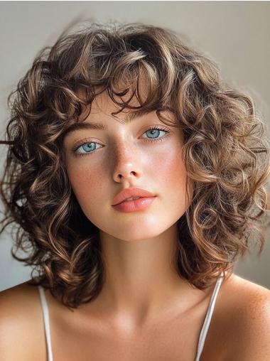 Brown Curly Medium Wig Bobs Lace Front Synthetic Shoulder Length 12" Wigs