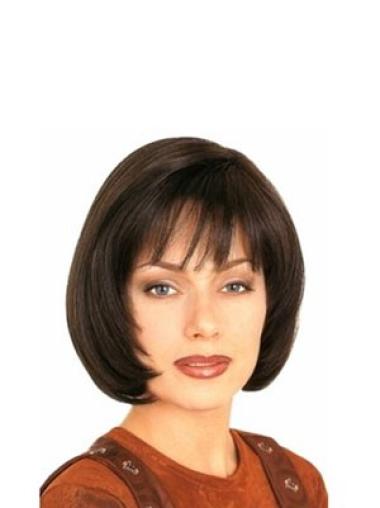 Stylish Brown Chin Length Human Hair Wigs With Bangs Straight