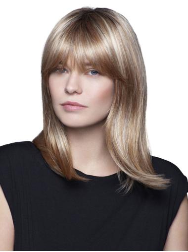 Blonde 100% Hand-tied With Bangs Shoulder Length Medium Wigs For Women