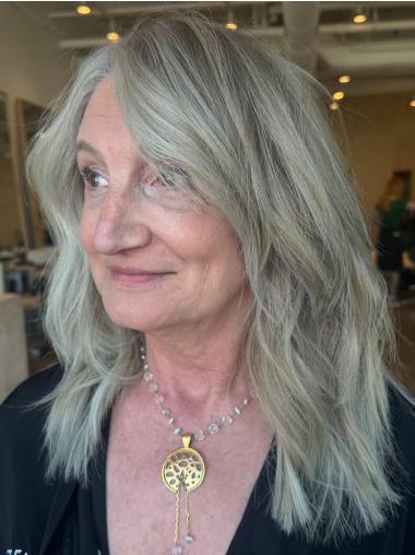 Silver Grey Wig Layered Wavy Remy Human Hair Monofilament Wigs