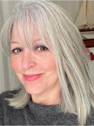 Grey Human Hair Wigs Monofilament Shoulder Length 14" With Bangs Wigs