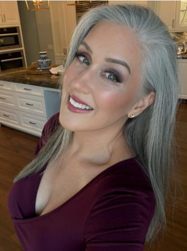 Grey Silver Wigs Layered Straight Remy Human Hair Lace Front Wigs