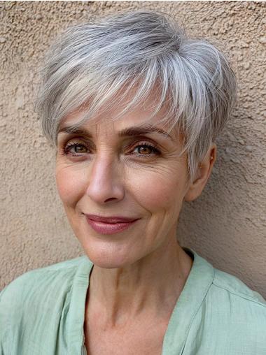 Silver Grey Short Hair 6" With Bangs Straight Monofilament Wigs