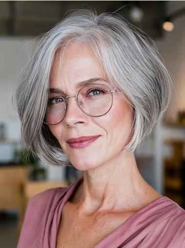 Natural Grey Wigs Monofilament Remy Human Hair 8" Bobs Wigs