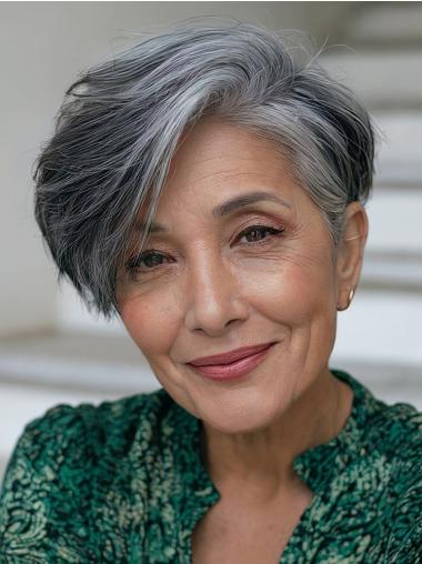 Human Hair Grey Ombre Wig Monofilament Short 6" Layered Wigs