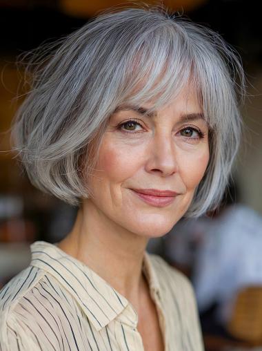 Grey Wigs Lace Front Bobs 8" Wavy Remy Human Hair Wigs