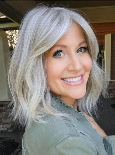 Shoulder Length Grey Wigs 14" Wavy With Bangs Remy Human Hair Wigs