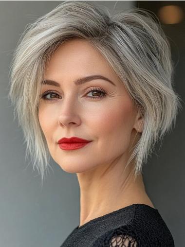Short Grey Hair For Women 8" Layered Wavy Monofilament Wigs