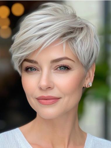 Short Ladies Wigs Grey 4" With Bangs Straight Lace Front Wigs