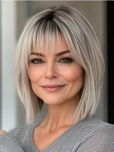 Grey Wig Human Hair Lace Front Shoulder Length 12" With Bangs Wigs