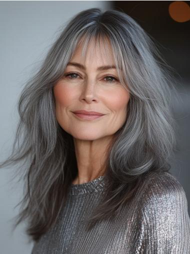 Long Grey Hair Wig Layered Wavy Remy Human Hair Monofilament Wigs