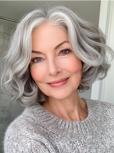 Womens Grey Hair Wigs Monofilament Bobs Synthetic Wavy Wigs