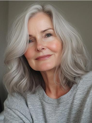 Lace Front Wigs Grey Hair Layered 14" Wavy Remy Human Hair Wigs