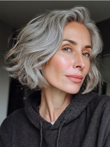Grey Bob Haircut Wigs Remy Human Hair Chin Length 10" Wavy Wigs