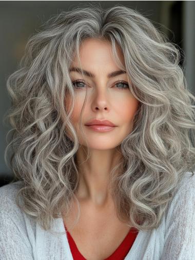 Grey Wigs Medium Length Monofilament Layered Human Hair Curly Wigs