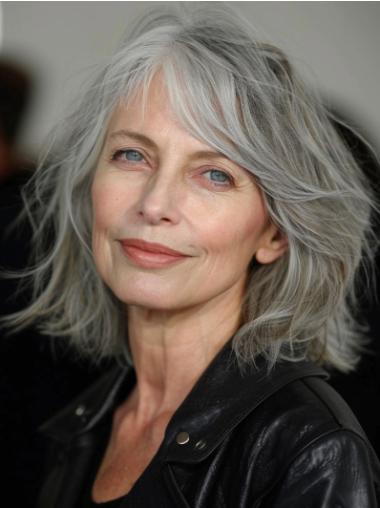 Grey Hair Lace Front Wigs With Bangs 12" Wavy Synthetic Wigs