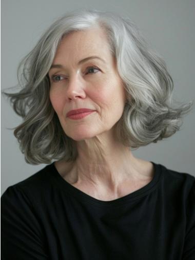 Grey Hair Bob Wig Remy Human Hair Shoulder Length 12" Wavy Wigs