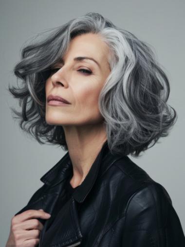 Grey Medium Length Wigs Monofilament Bobs Synthetic Wavy Wigs