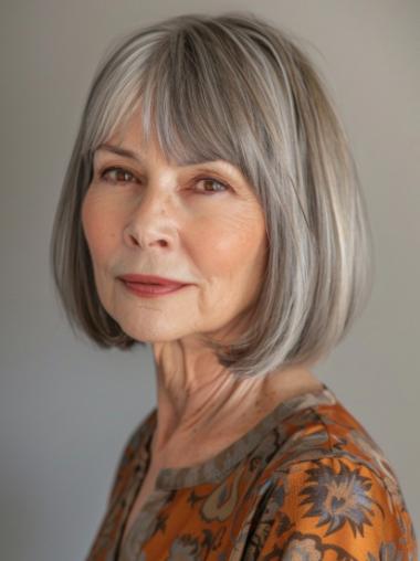 Grey Hair Wigs With Bangs Monofilament Synthetic 10" With Bangs Wigs