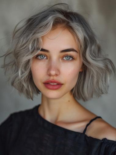 Human Hair Grey Wigs Monofilament Chin Length 10" Bobs Wigs