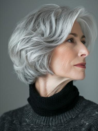 Silver Grey Bob Wig Synthetic Chin Length 10" Wavy Wigs