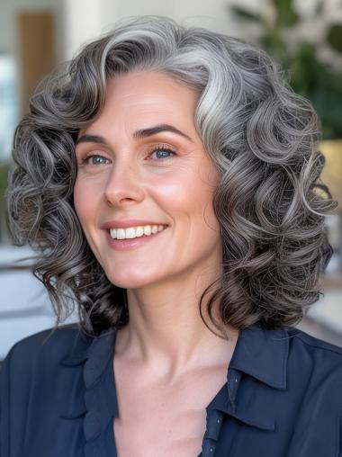 Human Hair Grey Wigs Lace Front Shoulder Length 14" Layered Wigs