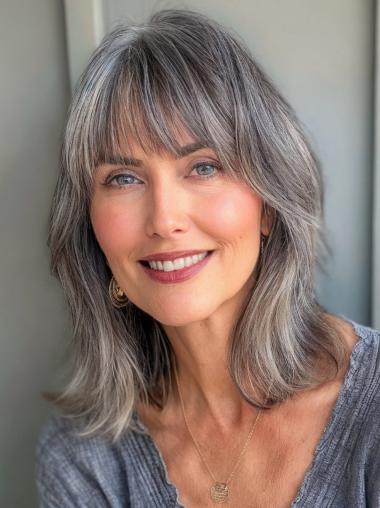 Grey Wig With Bangs Monofilament Remy Human Hair 14" With Bangs Wigs