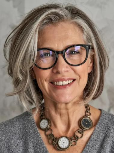 Bob Haircut Grey Wigs Remy Human Hair Chin Length 10" Straight Wigs