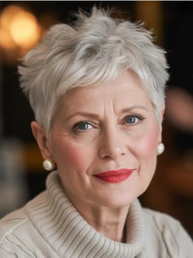 Short Grey Wigs For Older Ladies Wavy Boycuts 4" Monofilament Wigs