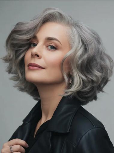 Medium Length Grey Hair Wigs Lace Front Bobs Synthetic Wavy Wigs