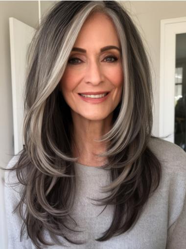 Grey Real Hair Wigs Monofilament Long 18" Layered Wigs