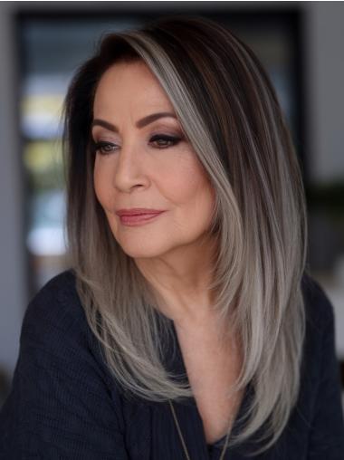 Grey Long Hair Wigs Layered Straight Remy Human Hair Lace Front Wigs