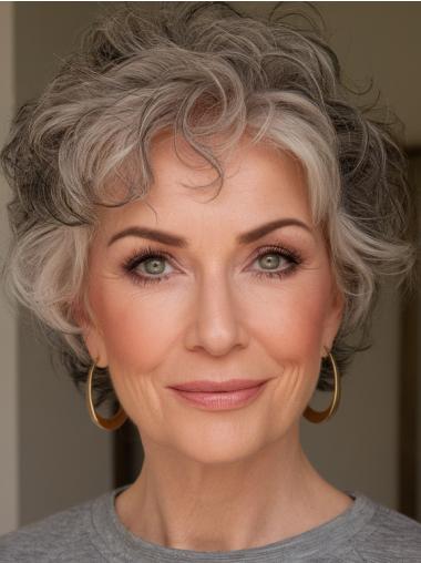 Grey Wig Lace Front With Bangs 6" Curly Remy Human Hair Wigs