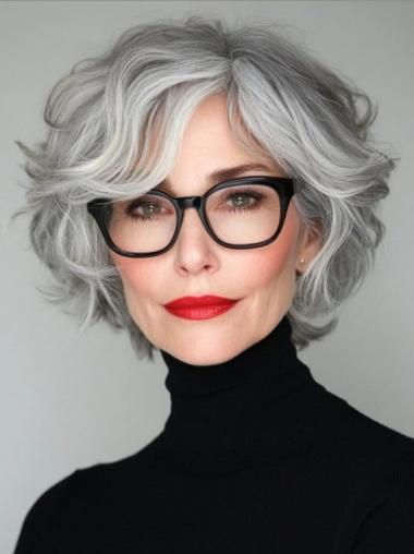 Short Grey Human Hair Wigs Wavy Bobs 8" Lace Front Wigs