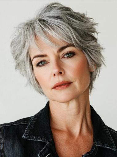 Grey Front Lace Wig With Bangs 6" Wavy Synthetic Wigs