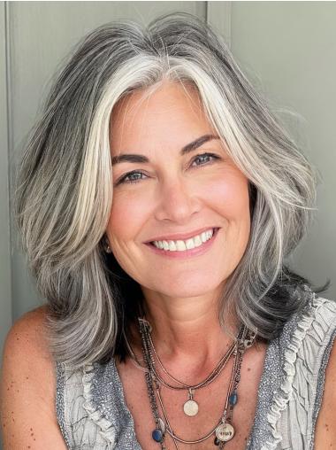 Human Hair Grey Wigs For Older Ladies Shoulder Length 14" Bobs Wigs