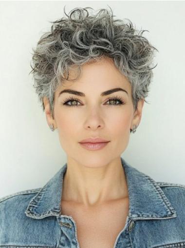 Grey Lace Front Wig Boycuts 4" Curly Remy Human Hair Wigs