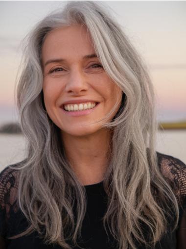 Grey Long Hair Wig Layered Wavy Synthetic Monofilament Wigs