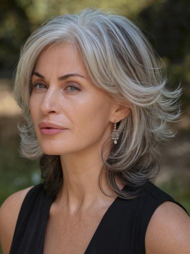 Wig Grey Hair Monofilament Remy Human Hair 12" Layered Wigs