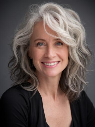 Real Human Hair Grey Wigs Monofilament Shoulder Length 14" Layered Wigs