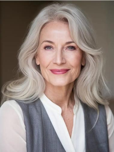 Grey Hair Lace Wigs Layered 16" Wavy Remy Human Hair Wigs