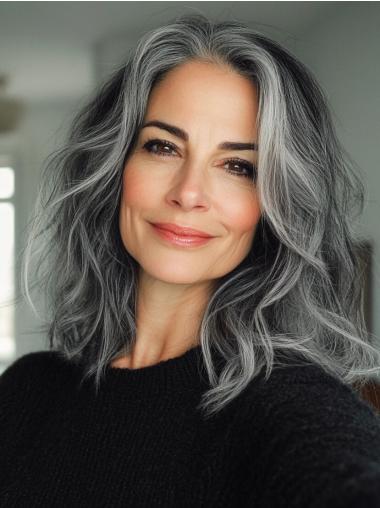 Grey Womens Wigs Monofilament Layered Remy Human Hair Wavy Wigs