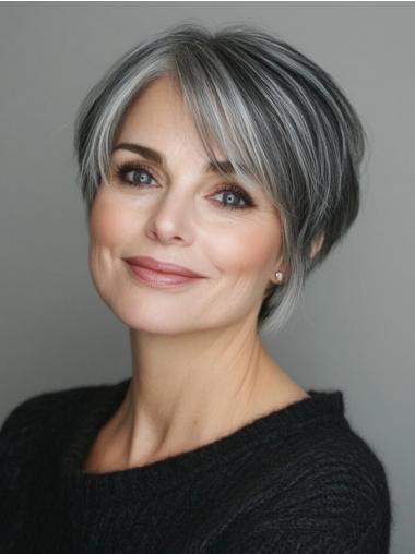 Grey Real Hair Wigs Monofilament Short 6" With Bangs Wigs
