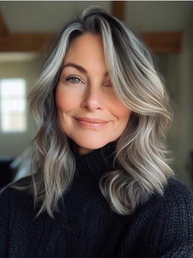 Grey Wig For Elderly Woman Lace Front Layered Remy Human Hair Wavy Wigs