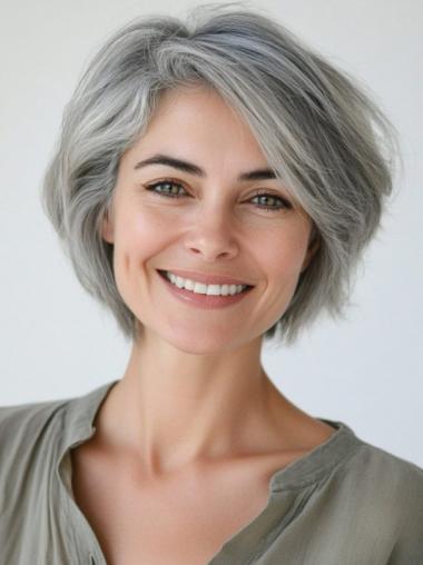 Grey Wigs For Older Ladies With Bangs 6" Lace Front Wavy Short Wigs