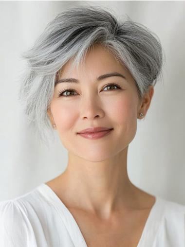 Grey Hair Wigs With Bangs 6" Lace Front Wavy Short Wigs