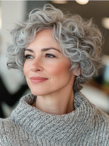 Silver Grey Human Hair Wigs Short Curly Layered 8" Lace Front Wigs