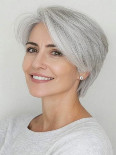 Lace Front Wig Grey With Bangs 6" Straight Remy Human Hair Wigs